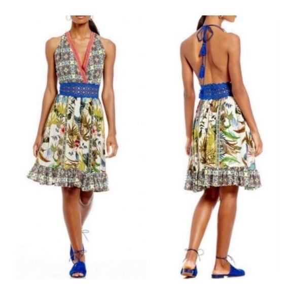 Chelsea & Violet Tropical Crochet Halter Dress NEW Boho Backless Deep V Ruffle - Picture 1 of 4